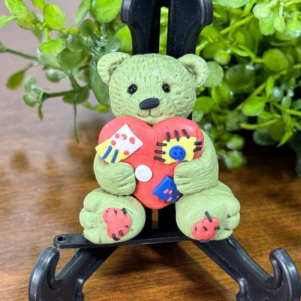 Vintage Teddy Bear Brooch Clay Stitched Heart Pin 2"